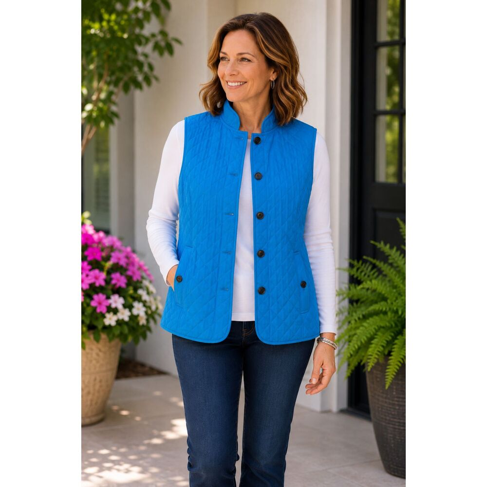 Bright Blue Quilted Puffer Vest Size Large Lightweight Snap Front